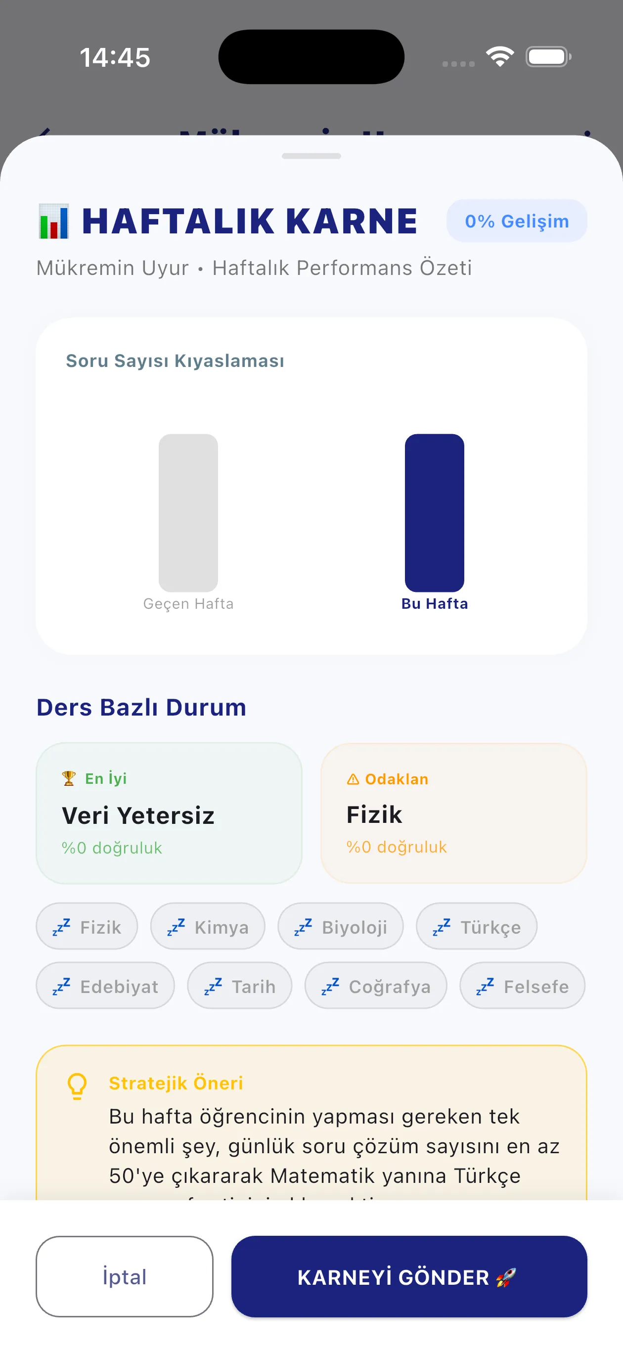 Cep Dershanesi haftalık öğrenci karnesi
