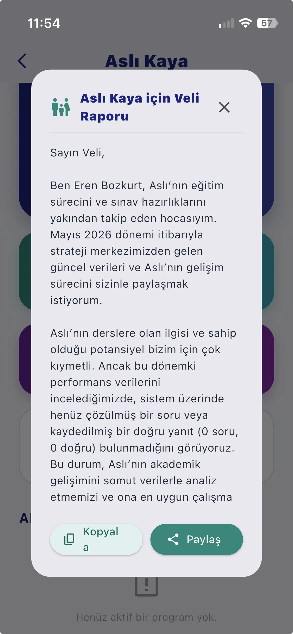 Veli için sade öğrenci gelişim raporu