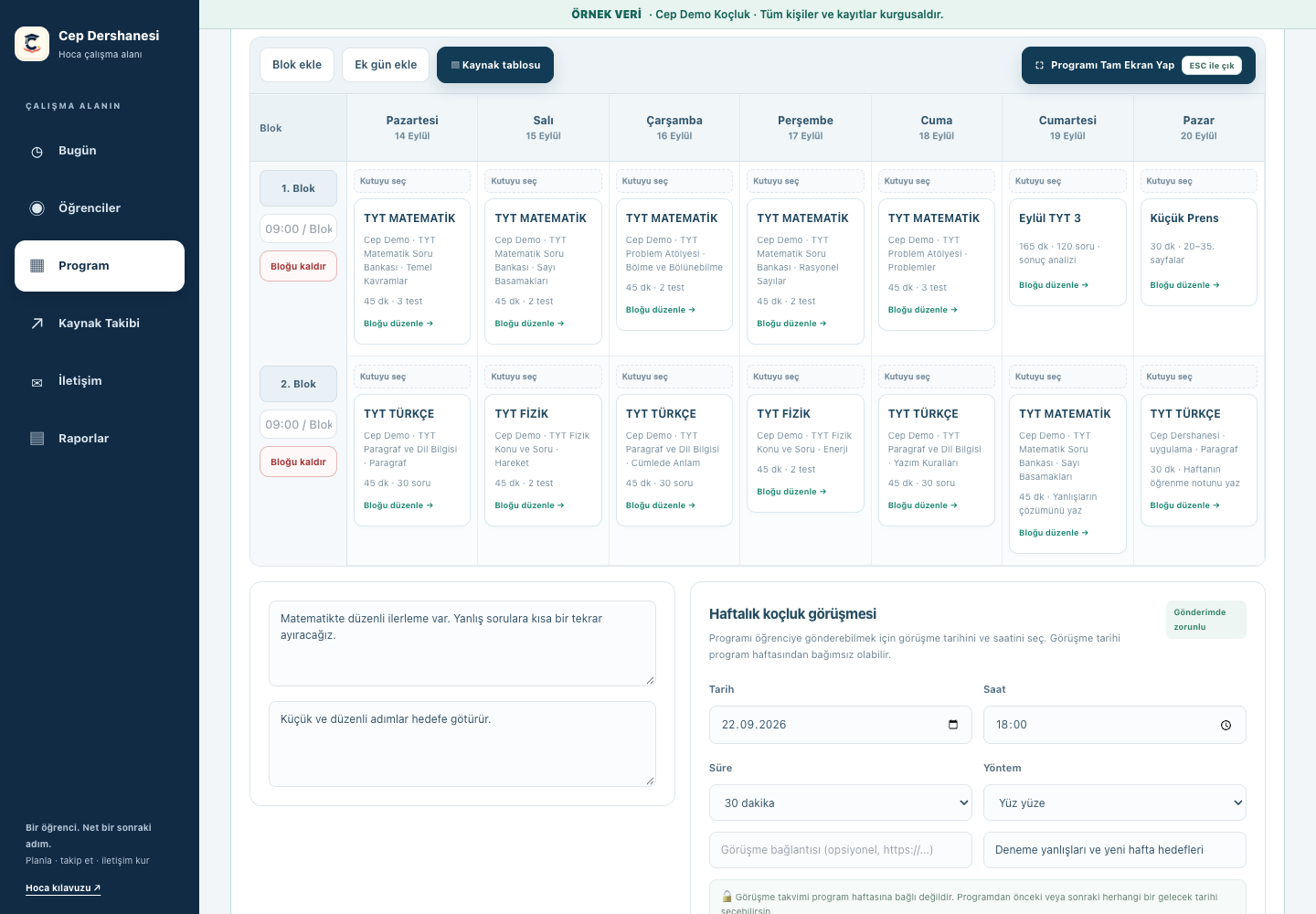 Tanıtım için kurgusal verilerle hazırlanmış gerçek Cep Dershanesi web panelinde haftalık program ekranı